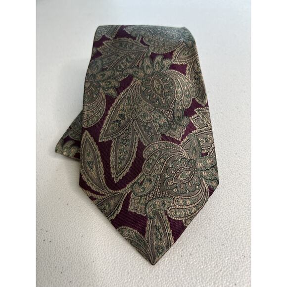 Polo by Ralph Lauren Green, Tan, Maroon Floral Pattern 100% Silk Designer Tie - Picture 1 of 7